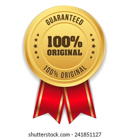 Gold hundred percent original badge with red ribbon - Shutterstock ID 241851127