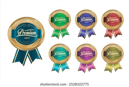 Gold hundred percent original badge with green ribbon, best badge, An illustration set of a luxurious red ribbon, medals and seals. Easy-to-use vector data. There are other variations as well.