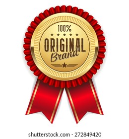 Gold hundred percent original badge with red ribbon