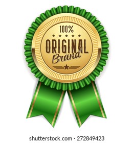 Gold hundred percent original badge with green ribbon