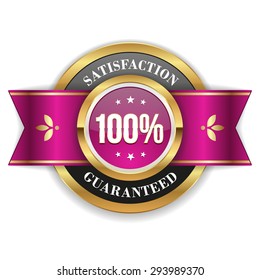 Gold hundred percent satisfaction badge with purple ribbon on white background