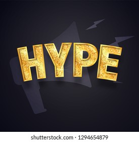 Gold HYPE text isolated vector icon on dark background.