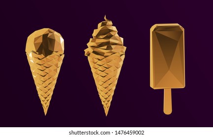 Gold Ice Cream Collection. Shiny Metallic Set of Golden Gelato on Purple Background. Low Poly Vector 3D Rendering