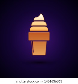 Gold Ice cream in waffle cone icon isolated on dark blue background. Sweet symbol.  Vector Illustration