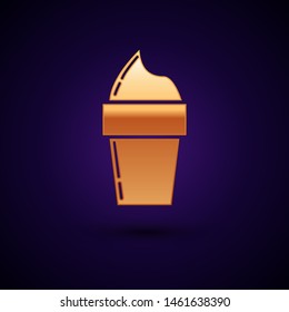 Gold Ice cream in waffle cone icon isolated on dark blue background. Sweet symbol.  Vector Illustration
