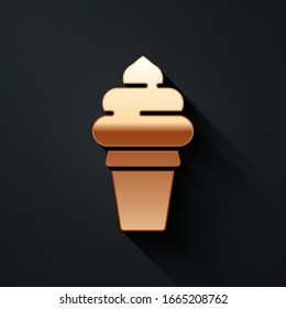 Gold Ice cream in waffle cone icon isolated on black background. Sweet symbol. Long shadow style. Vector Illustration