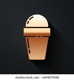 Gold Ice cream in waffle cone icon isolated on black background. Sweet symbol. Long shadow style. Vector Illustration