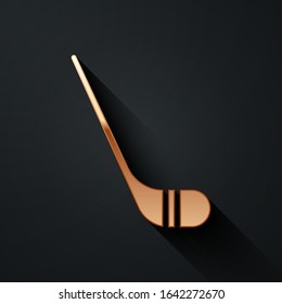 Gold Ice hockey sticks icon isolated on black background. Long shadow style. Vector Illustration