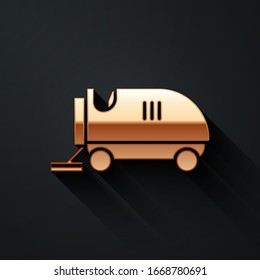 Gold Ice resurfacer icon isolated on black background. Ice resurfacing machine on rink. Cleaner for ice rink and stadium. Long shadow style. Vector Illustration
