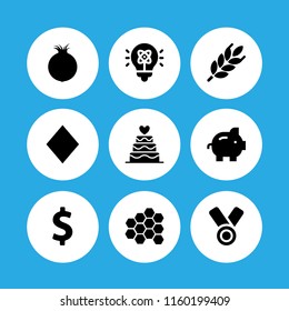 gold icon. 9 gold set with honey, diamond, wheat and coin vector icons for web and mobile app