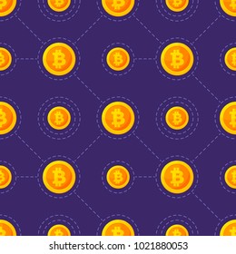 Gold icon of bitcoin in flat style isolated on blue background. Vector seamleess pattern. Design element can be used for financial illustration, poster, promotion, textile print, wallpaper, wrapping