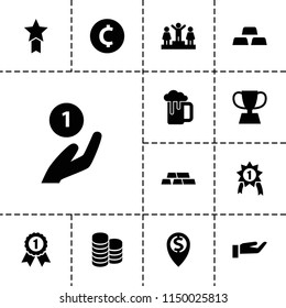 Gold icon. collection of 13 gold filled icons such as ranking, trophy, number 1 medal, medal with star, coin, coin on hand. editable gold icons for web and mobile.