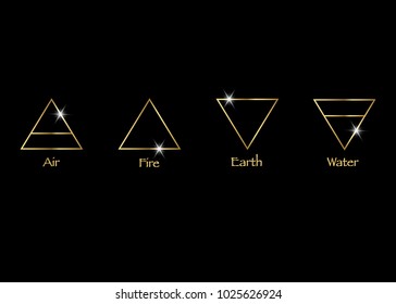 gold icon elements : Air , Earth , Fire and Water. Wiccan divination symbols. Ancient occult symbols, vector illustration 