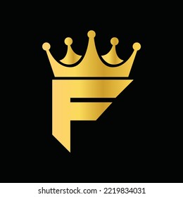 Gold Icon Letter F Logo. Crown of kings and queens with the logo icon letter F. Letter F Design Vector Luxury Golden with black background.