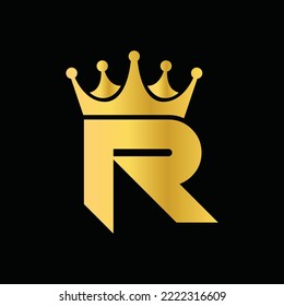 Gold Icon Letter R Logo. Crown of kings and queens with the logo icon letter R Letter R Design Vector Luxury Golden with black background.