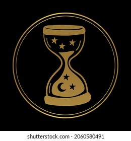 Icono dorado del místico reloj de oro sobre fondo negro. Cartel redondo sobre un fondo negro para tarot, astrología, adivinanzas. Símbolo vector dibujado a mano.