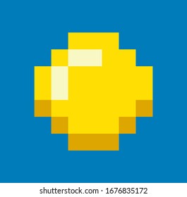 Gold icon in pixel game isolated on blue. Vector digital money to play in 8 bit or 16 bit gaming, symbol of richness and wealth, golden currency