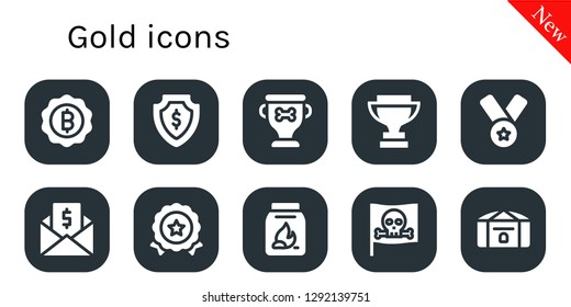  gold icon set. 10 filled gold icons. Simple modern icons about  - Bitcoin, Money, Trophy, Medal, Coal, Pirate, Chest