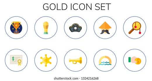 gold icon set. 10 flat gold icons.  Simple modern icons about  - trophy, investment, sheriff, pirates, trumpet, chinese, ring, adornment