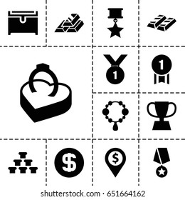 Gold icon. set of 13 filled goldicons such as necklace, chest, ring in box, trophy, dollar coin, number 1 medal, medal with star, gold bar, dollar location
