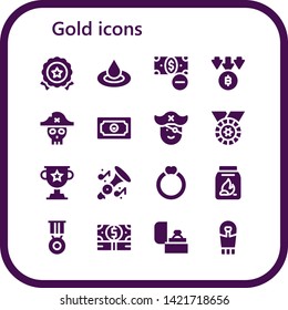 gold icon set. 16 filled gold icons.  Collection Of - Medal, Droplet, Money, Bitcoin, Pirate, Trophy, Trumpet, Ring, Coal, Sarcophagus
