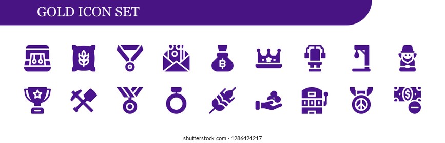  gold icon set. 18 filled gold icons. Simple modern icons about  - Earrings, Wheat, Medal, Money, Bitcoin, Crown, Chest, Gallow, Leprechaun, Trophy, Mine, Ring, Slot machine