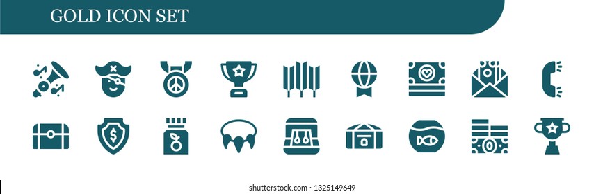 gold icon set. 18 filled gold icons.  Collection Of - Trumpet, Pirate, Medal, Trophy, Wheat, Prize, Money, Ring, Treasure, Vitamin c, Necklace, Earrings, Chest, Fishbowl