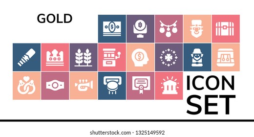 gold icon set. 19 filled gold icons.  Simple modern icons about  - Money, Metal detector, Marriage, Champion belt, Trumpet, Slot machine, Merit, Financial, Crown, Wheat, Saint Patrick