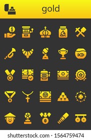 gold icon set. 26 filled gold icons.  Simple modern icons about  - Money, Ring, Slot machine, Crown, Coal, Mine, Trumpet, Jewel, Trophy, Fishbowl, Medal, Jewelry, Ingot, Saint Patrick