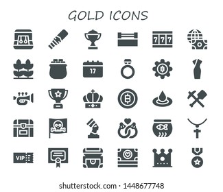 gold icon set. 30 filled gold icons.  Simple modern icons about  - Earrings, Metal detector, Trophy, Ring, Slot machine, Economy, Wheat, Gold, Saint Patrick, Bitcoin, Cheongsam