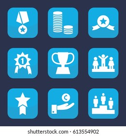 Gold icon. set of 9 filled gold icons such as ranking, trophy, number 1 medal, medal with star, hand on coin