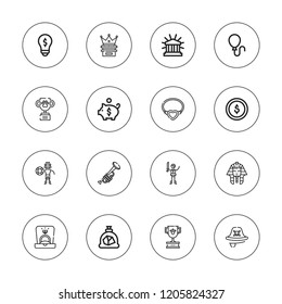 Gold icon set. collection of 16 outline gold icons with balloon, coal, crown, dollar coins, financial, investment, pharaoh, piggy bank, necklace, pirates, pirate, ring icons.