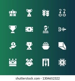 gold icon set. Collection of 16 filled gold icons included Bitcoin, Metal detector, Chinese, Crown, Minerals, Gold, Trophy, Finance, Earrings, Pirate, Wheat