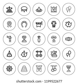 Gold icon set. collection of 25 outline gold icons with balloon, balloons, birthday girl, bitcoin, cheongsam, chest, champion belt, crown, diadem icons. editable icons.