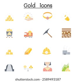 Gold icon set in flat color style