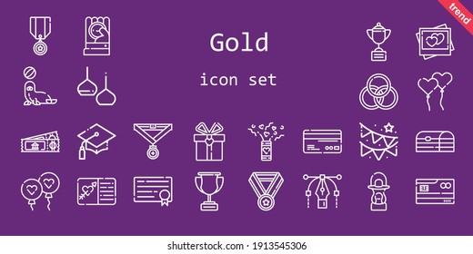 Gold Icon Set. Line Icon Style. Gold Related Icons Such As Gift, Confetti, Balloon, Garland, Ticket, Seal, Lantern, Picture, Rings, Light, Graduation, Ballons, Medal, Pandoras Box, Vector