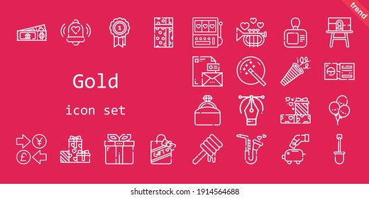 gold icon set. line icon style. gold related icons such as gift, confetti, canvas, ticket, engagement ring, balloons, piggy bank, shovel, saxophone, bell, stationary, honey, trumpet, magic wand