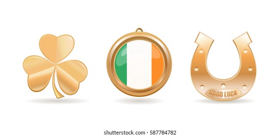 Gold icon set for St. Patricks Day. Trifoliate clover. Golden horseshoe with the inscription - Good Luck. Gold medallion with Irish flag inside. Vector illustration

