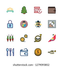 gold icon set. vector set about wallet, french horn, trumpet and picture icons set.