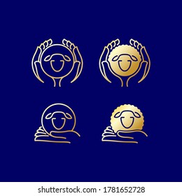 Gold icon sheep in hands. Feast of the Sacrifice Greeting (Eid al-Adha Mubarak) (Turkish: Kurban Bayraminiz Kutlu Olsun) Holy days of muslim community. Social Media, sites, internet.