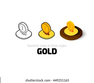 Gold icon, vector symbol in flat, outline and isometric style