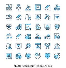 Gold icons. Outline symbols. Vector blue line icons set