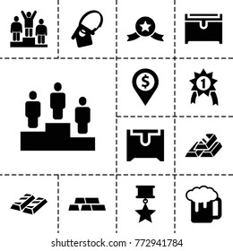 Gold icons. set of 13 editable filled gold icons such as chest, beer mug, dollar location, home key tag, ranking, number 1 medal