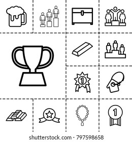 Gold icons. set of 13 editable outline gold icons such as chest, ranking, beer mug, home key tag, trophy, number 1 medal, medal with star