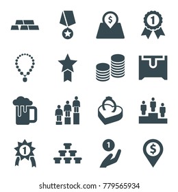 Gold icons. set of 16 editable filled gold icons such as coin on hand, dollar location, gold, ring in box, lot price, coin, ranking, number 1 medal, medal with star, necklace