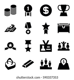 gold icons set. Set of 16 gold filled icons such as chest, ranking, badge, ring in box, lot price, coin, trophy, dollar coin, number 1 medal