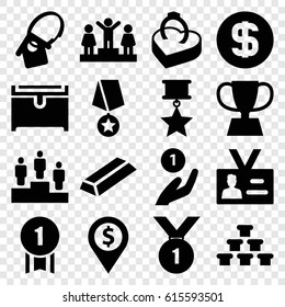Gold icons set. set of 16 gold filled icons such as gold, chest, ranking, badge, ring in box, home key tag, trophy, dollar coin, number 1 medal, medal with star, coin on hand