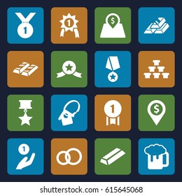 Gold icons set. set of 16 gold filled icons such as beer mug, lot price, home key tag, number 1 medal, medal with star, coin on hand, dollar location