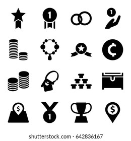 Gold icons set. set of 16 gold filled icons such as necklace, chest, lot price, home key tag, coin, trophy, number 1 medal, medal with star, coin on hand, dollar location