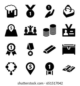 Gold icons set. set of 16 gold filled icons such as necklace, gold, chest, ranking, beer mug, badge, ring in box, lot price, coin, number 1 medal, medal with star
